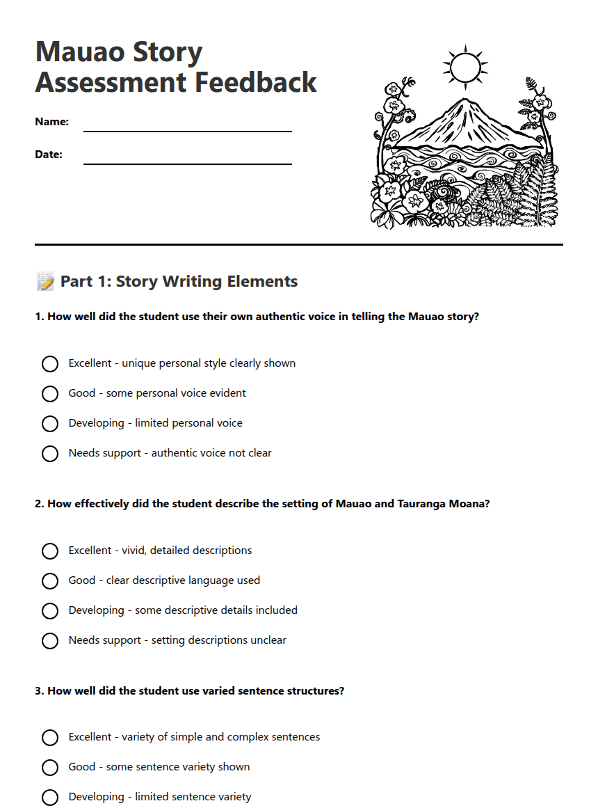 Mauao Story Assessment Feedback worksheet preview