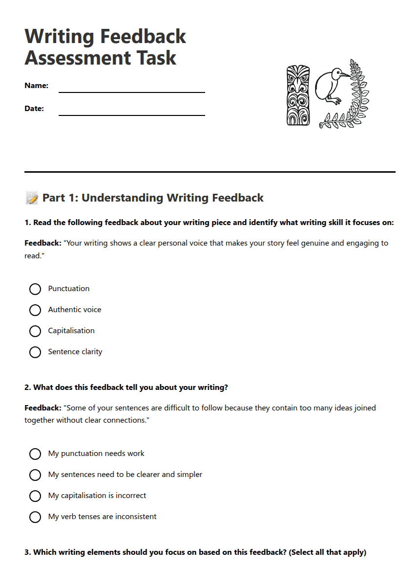 Writing Feedback Assessment Task worksheet preview