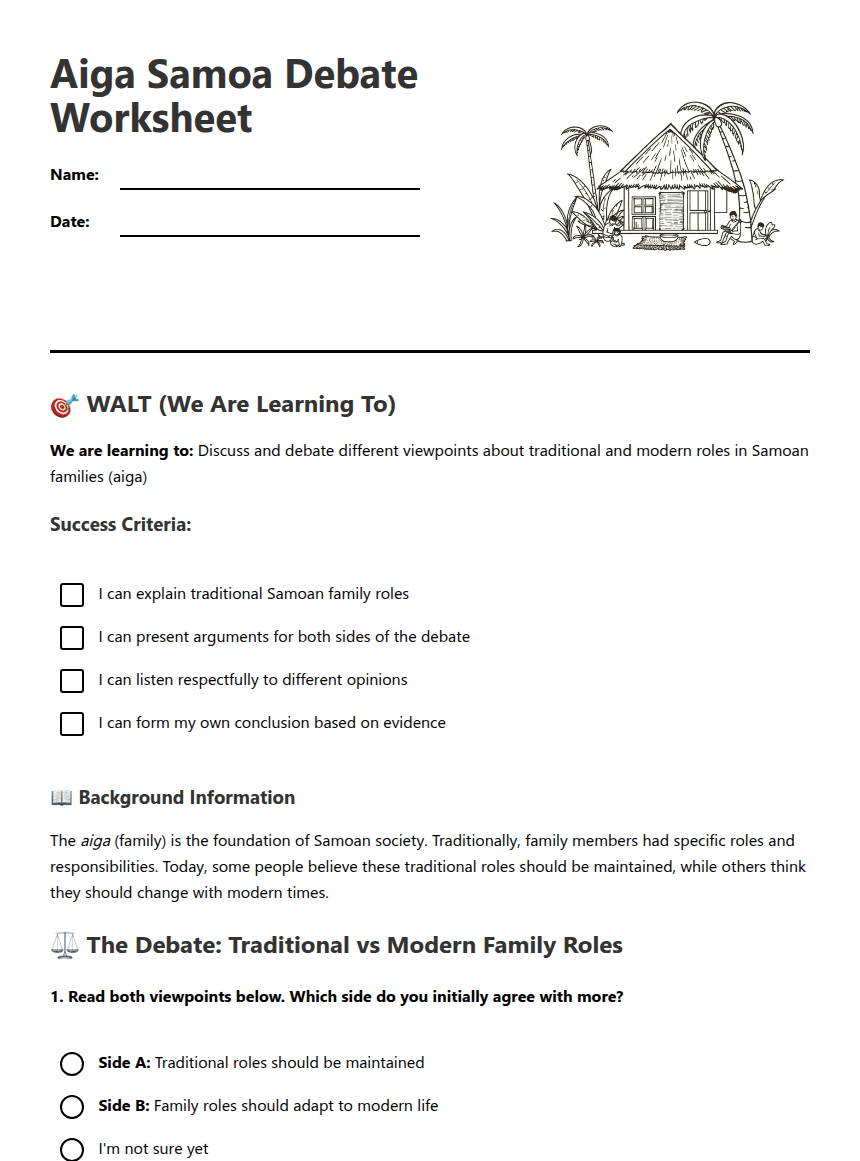 Aiga Samoa Debate Worksheet worksheet preview