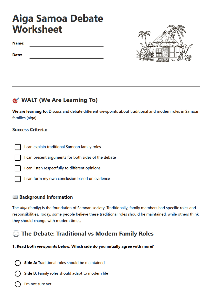 Aiga Samoa Debate Worksheet