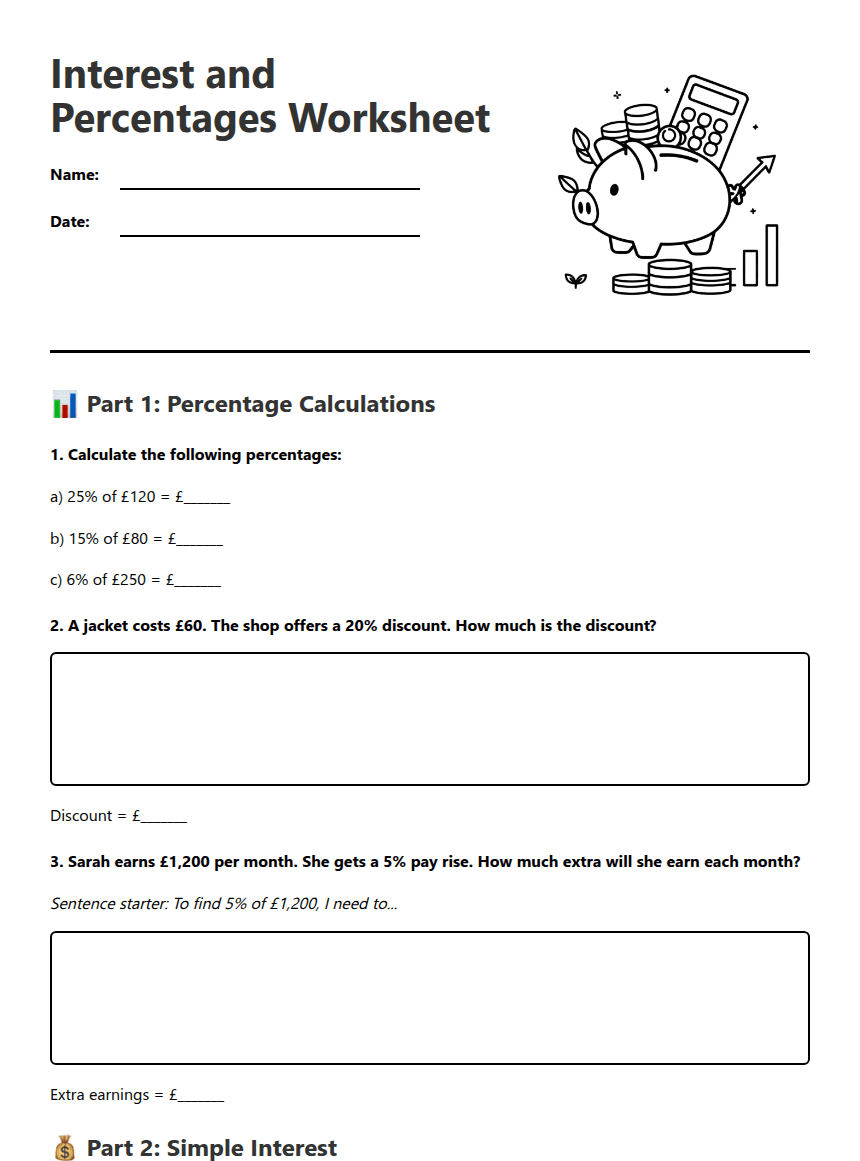 Interest and Percentages Worksheet worksheet preview