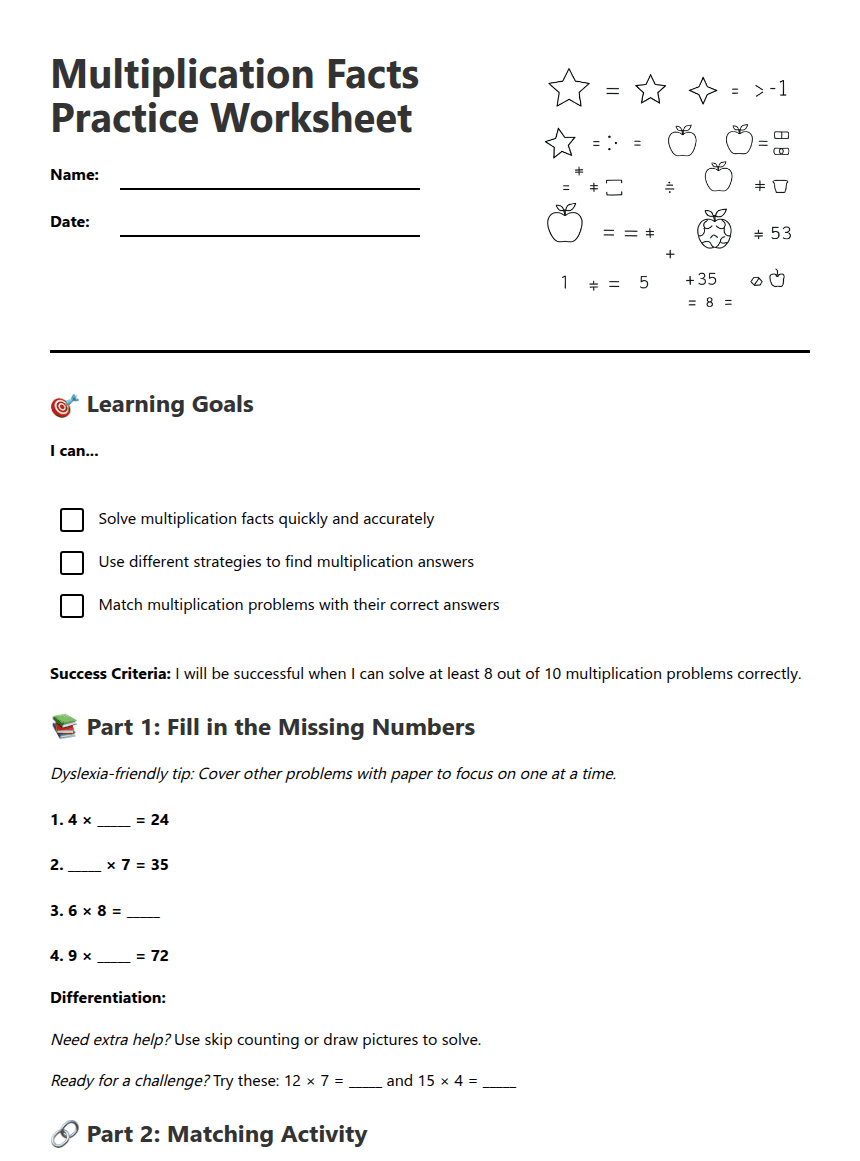 Multiplication Facts Practice Worksheet worksheet preview