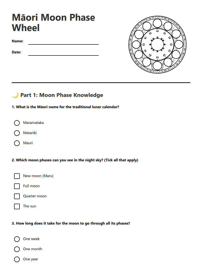 Māori Moon Phase Wheel worksheet preview