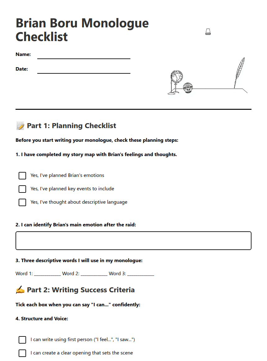 Brian Boru Monologue Checklist worksheet preview