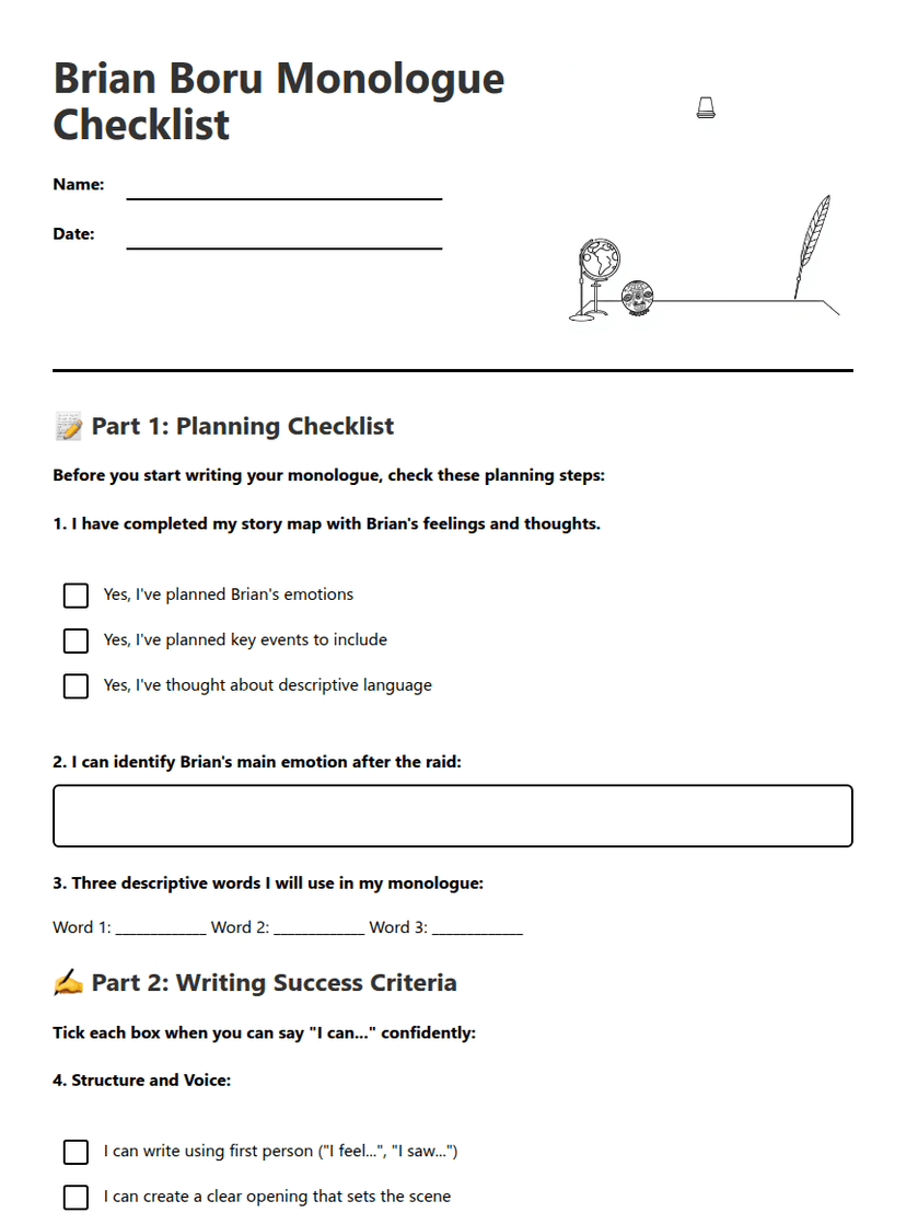Brian Boru Monologue Checklist