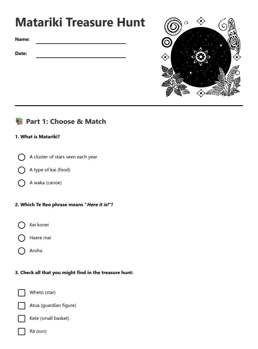 Matariki Treasure Hunt worksheet preview