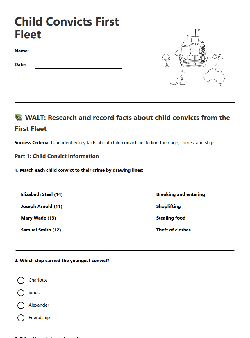 Child Convicts First Fleet worksheet preview