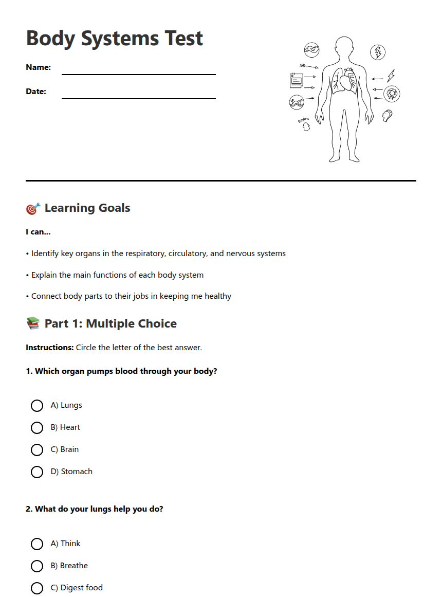 Body Systems Test worksheet preview
