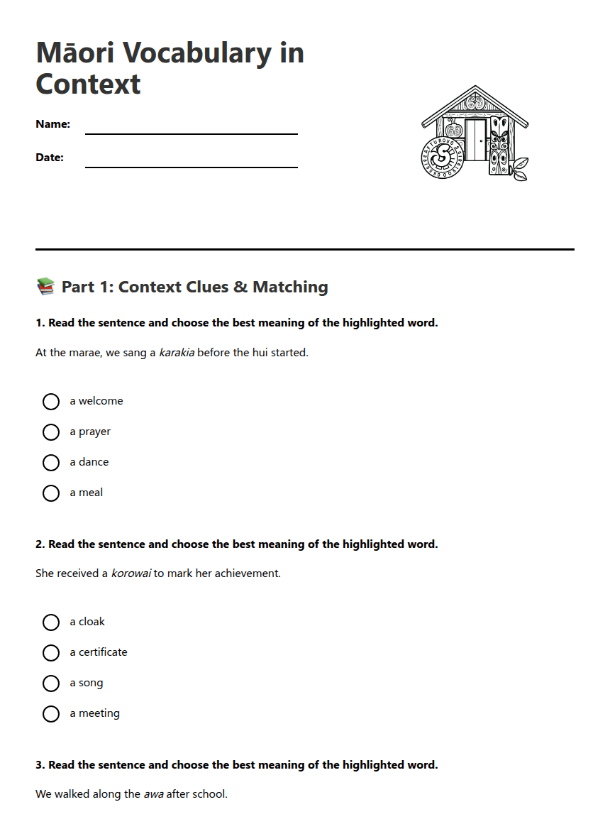 Māori Vocabulary in Context worksheet preview