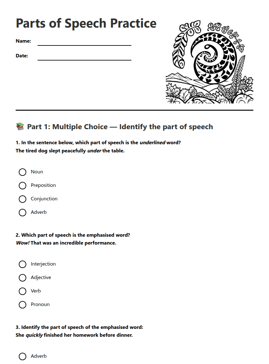 Parts of Speech Practice worksheet preview