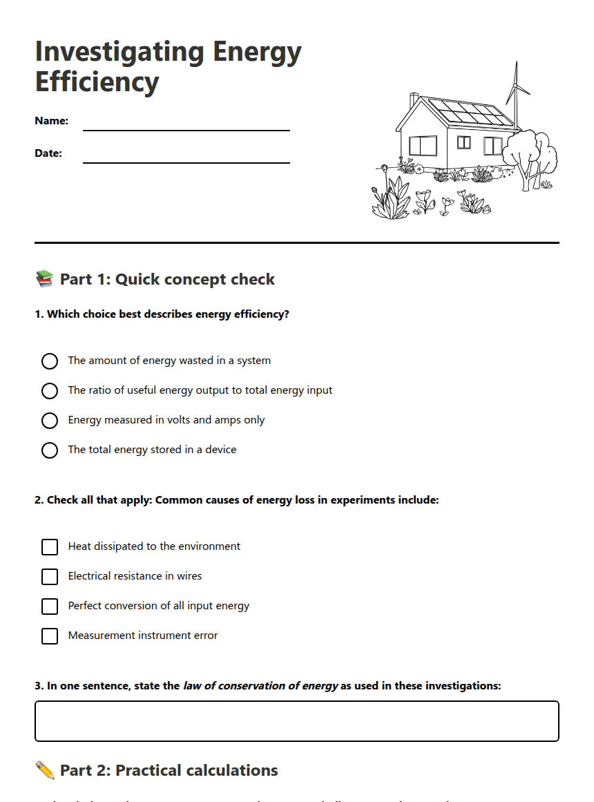 Investigating Energy Efficiency worksheet preview