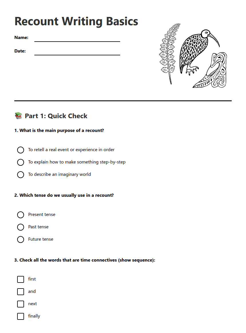 Recount Writing Basics worksheet preview