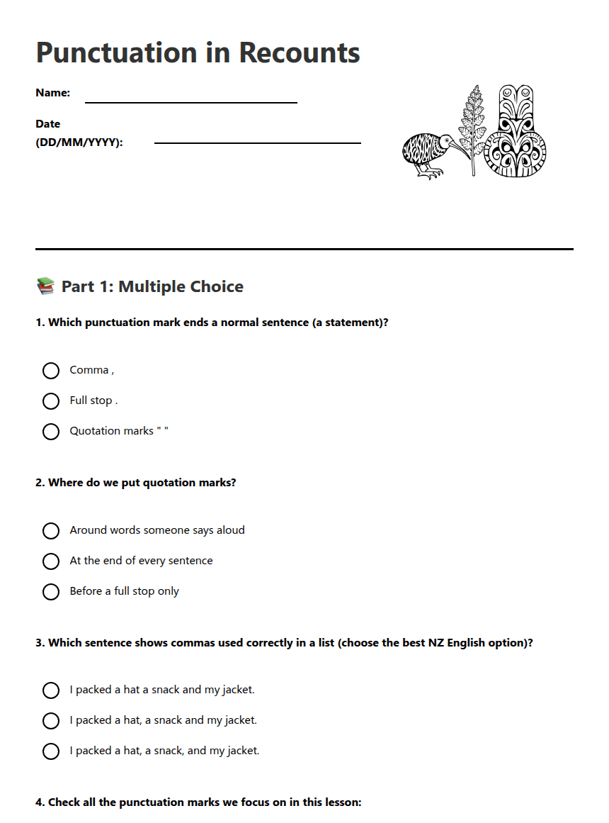 Punctuation in Recounts worksheet preview