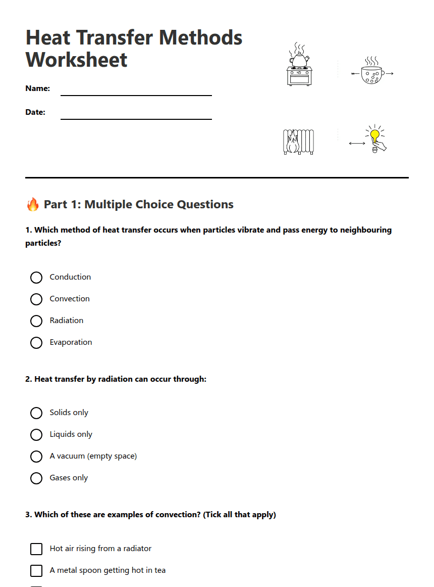 Heat Transfer Methods Worksheet worksheet preview