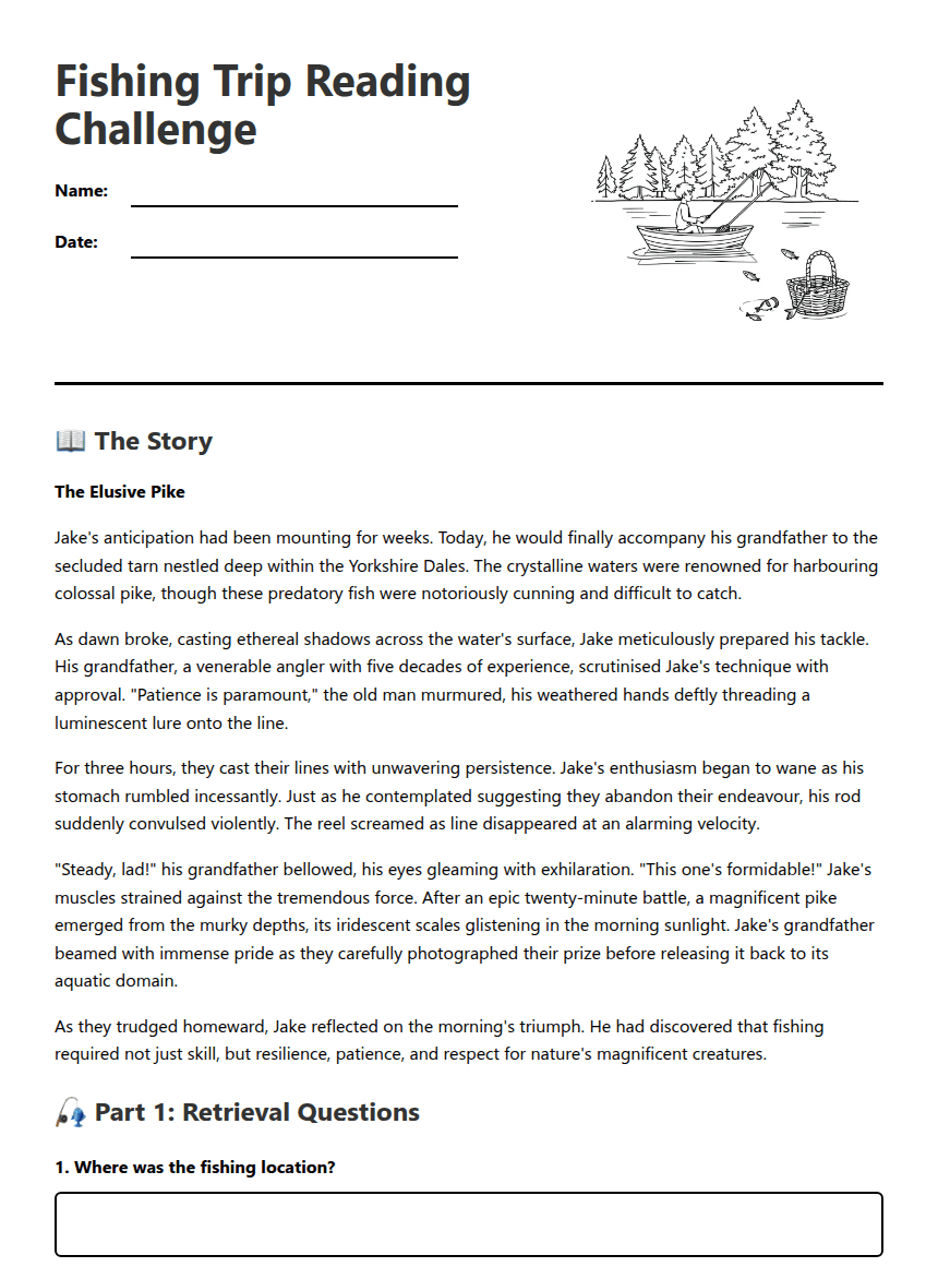 Fishing Trip Reading Challenge worksheet preview