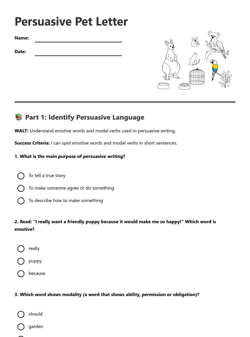 Persuasive Pet Letter worksheet preview