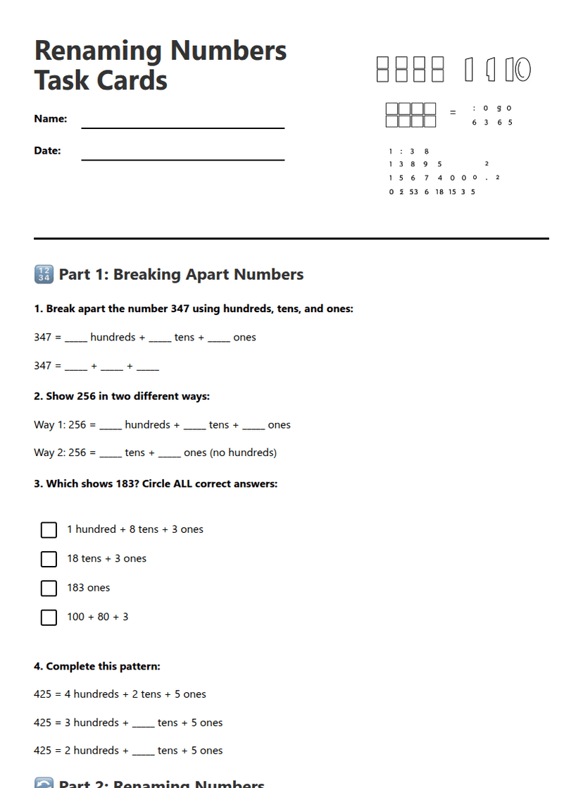 Renaming Numbers Task Cards