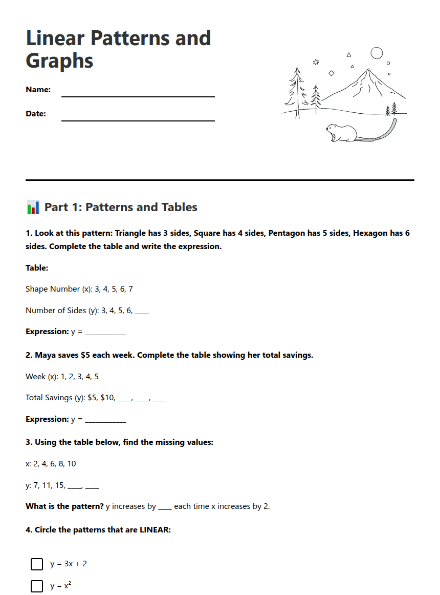Linear Patterns and Graphs worksheet preview