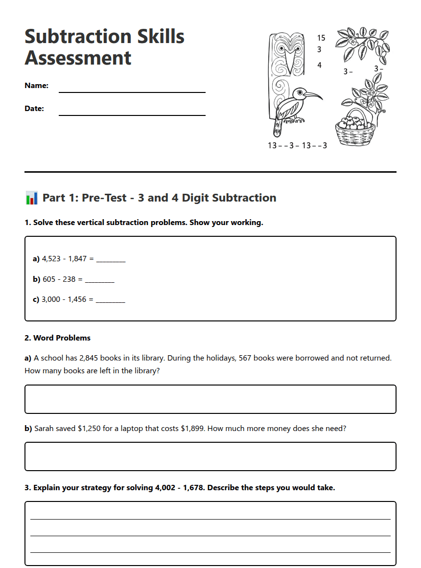 Subtraction Skills Assessment worksheet preview