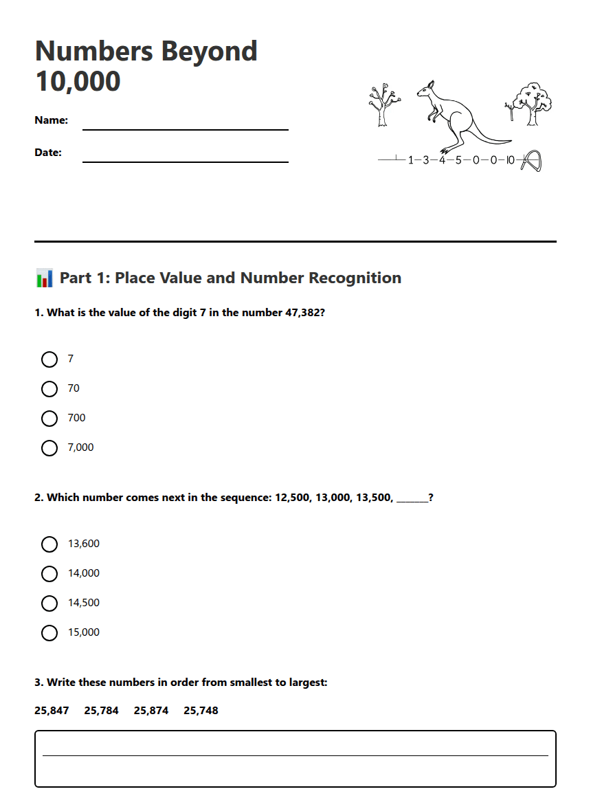 Numbers Beyond 10,000 worksheet preview