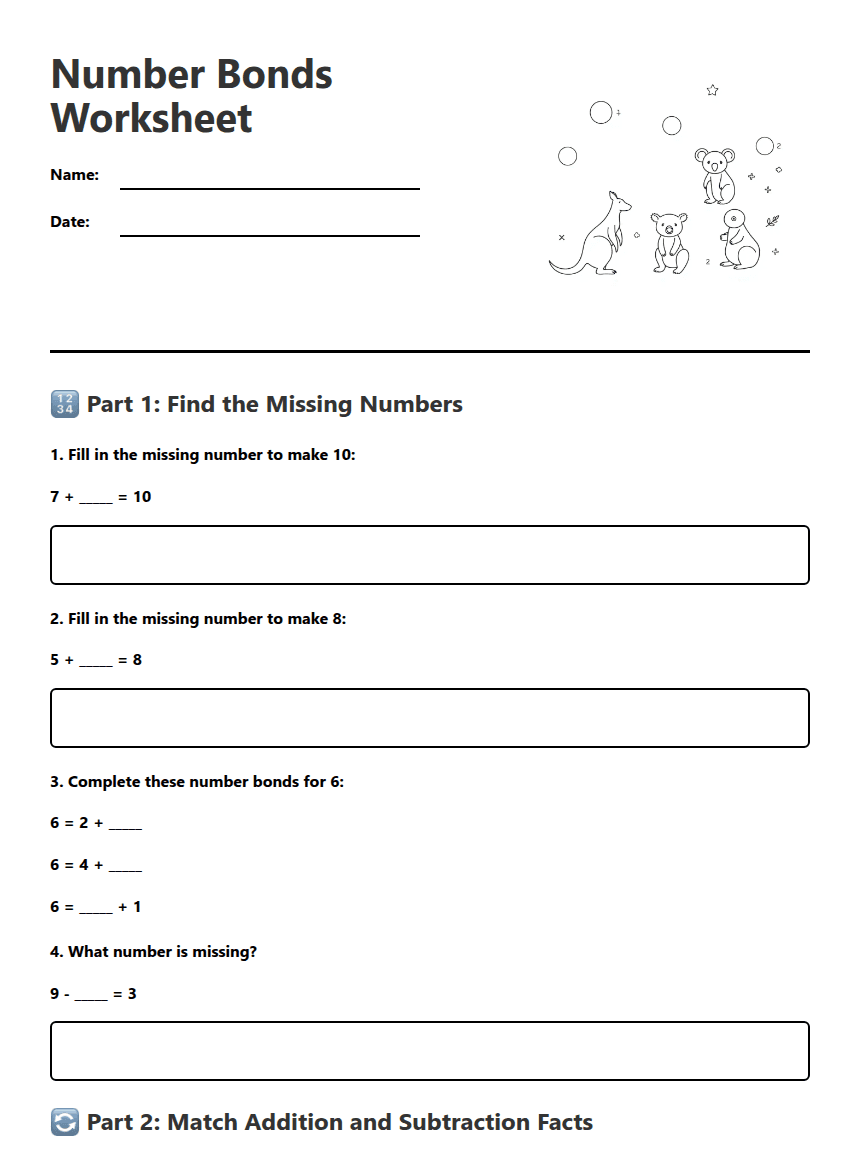 Number Bonds Worksheet worksheet preview