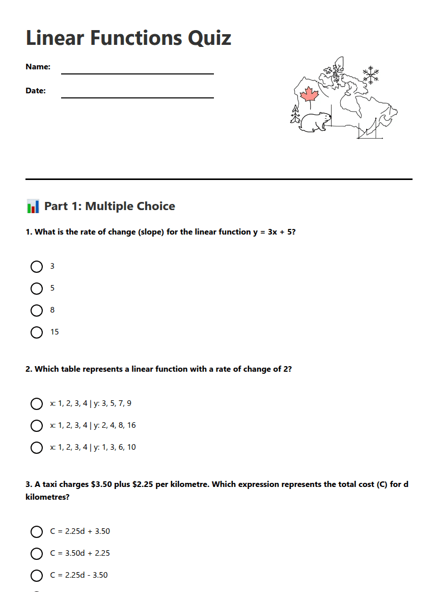 Linear Functions Quiz worksheet preview