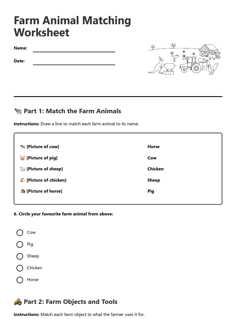 Farm Animal Matching Worksheet