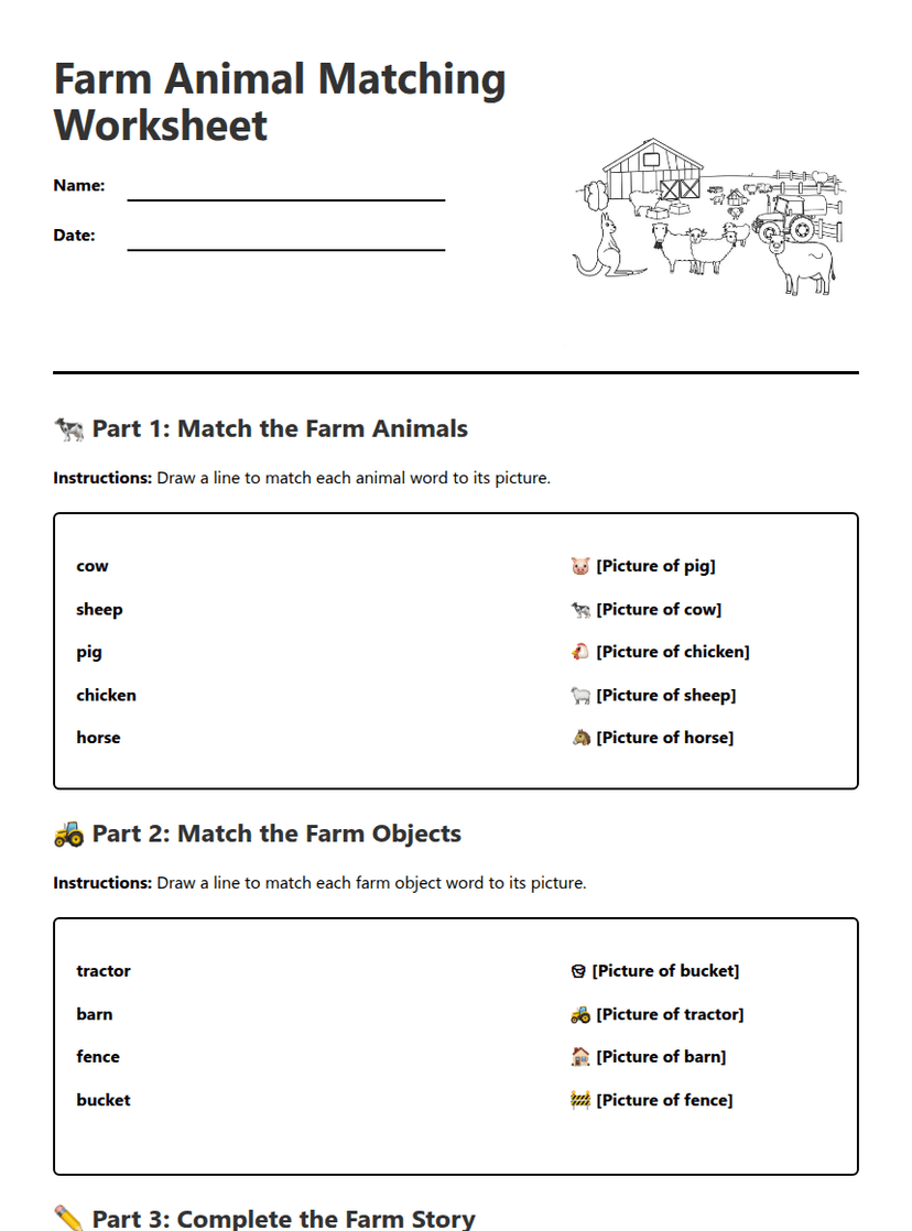 Farm Animal Matching Worksheet