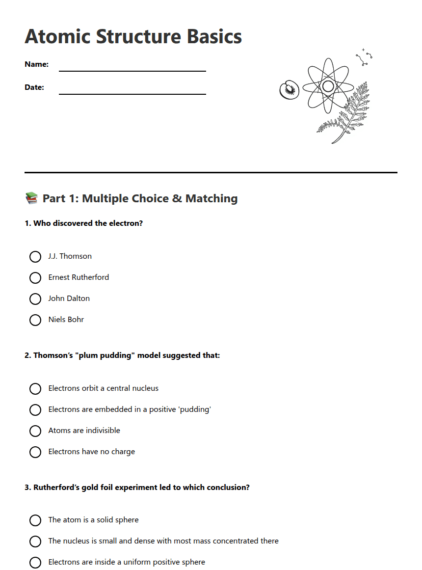 Atomic Structure Basics worksheet preview