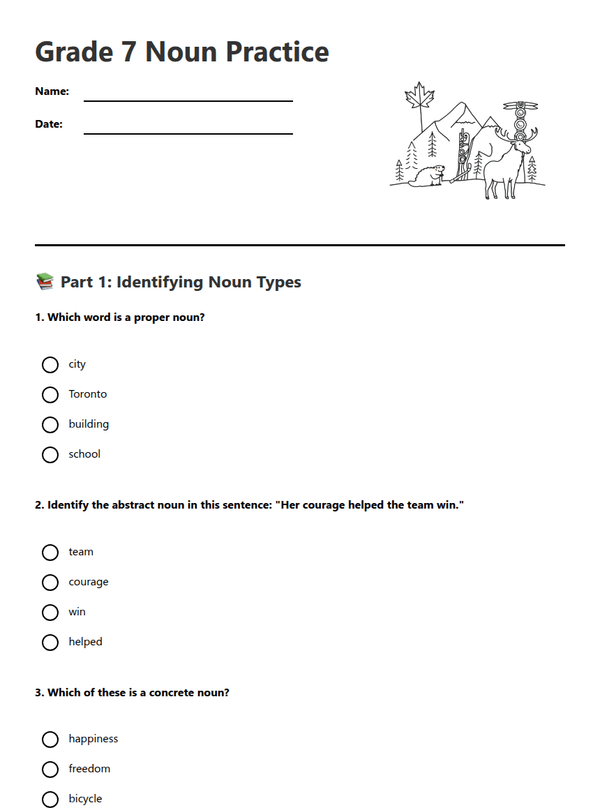 Grade 7 Noun Practice worksheet preview