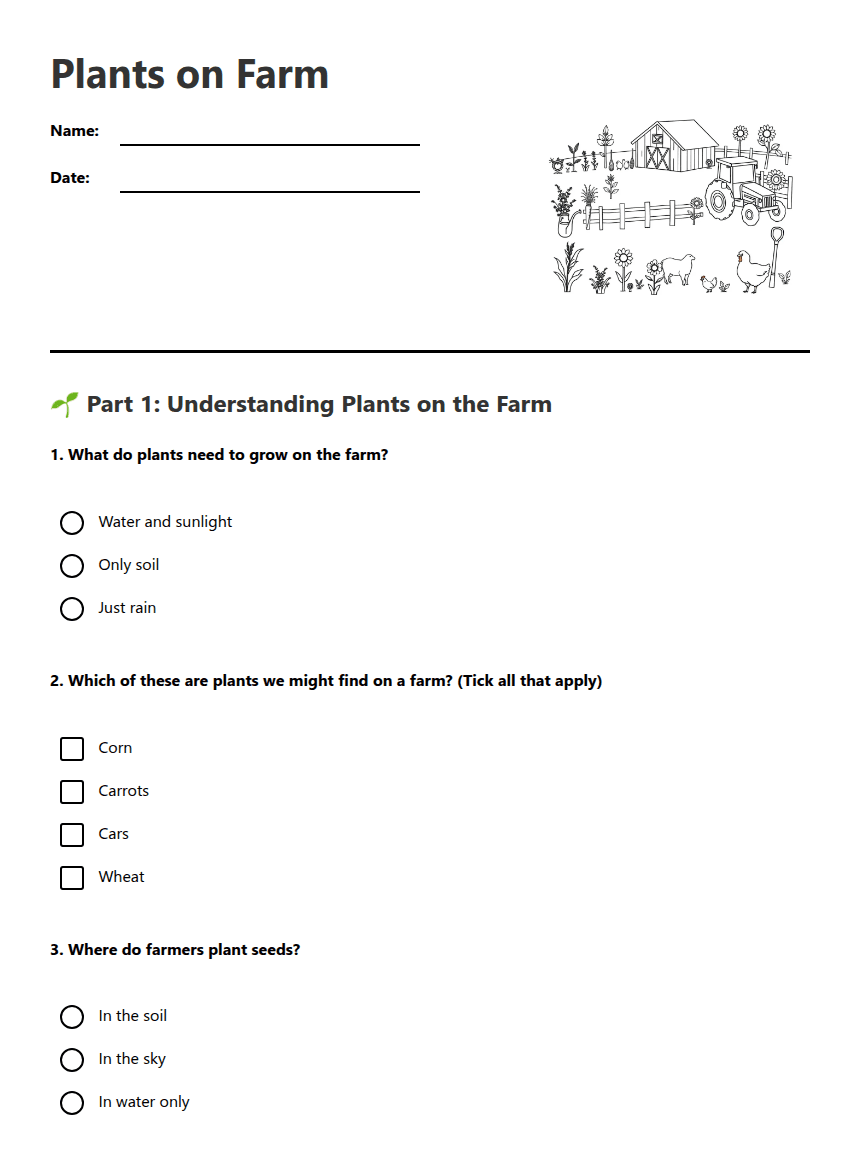 Plants on Farm worksheet preview