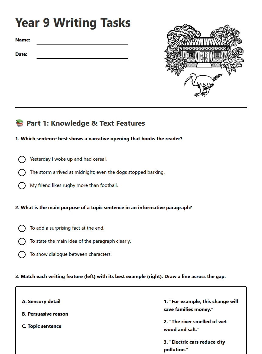 Year 9 Writing Tasks worksheet preview