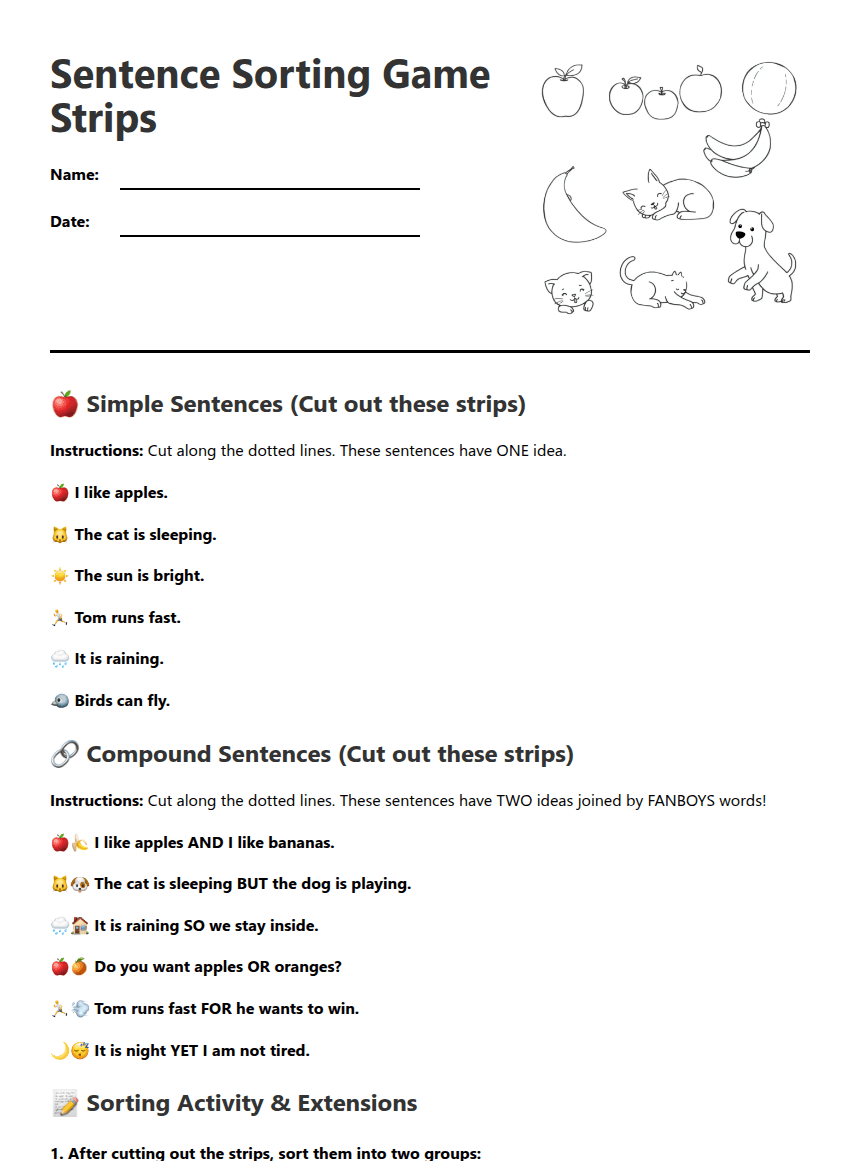Sentence Sorting Game Strips worksheet preview