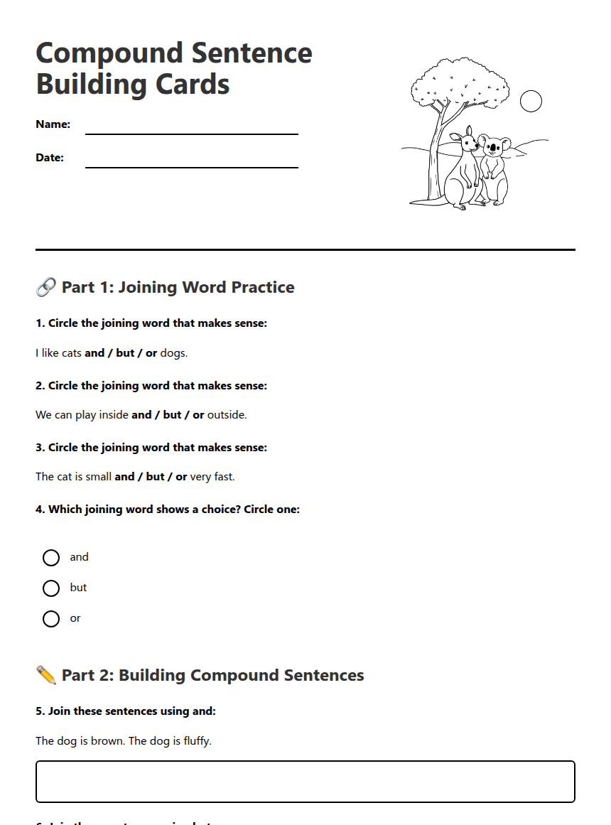 Compound Sentence Building Cards worksheet preview