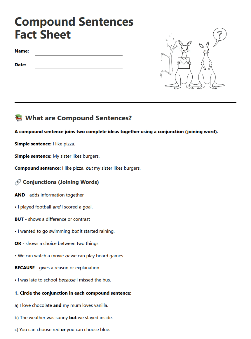 Compound Sentences Fact Sheet worksheet preview