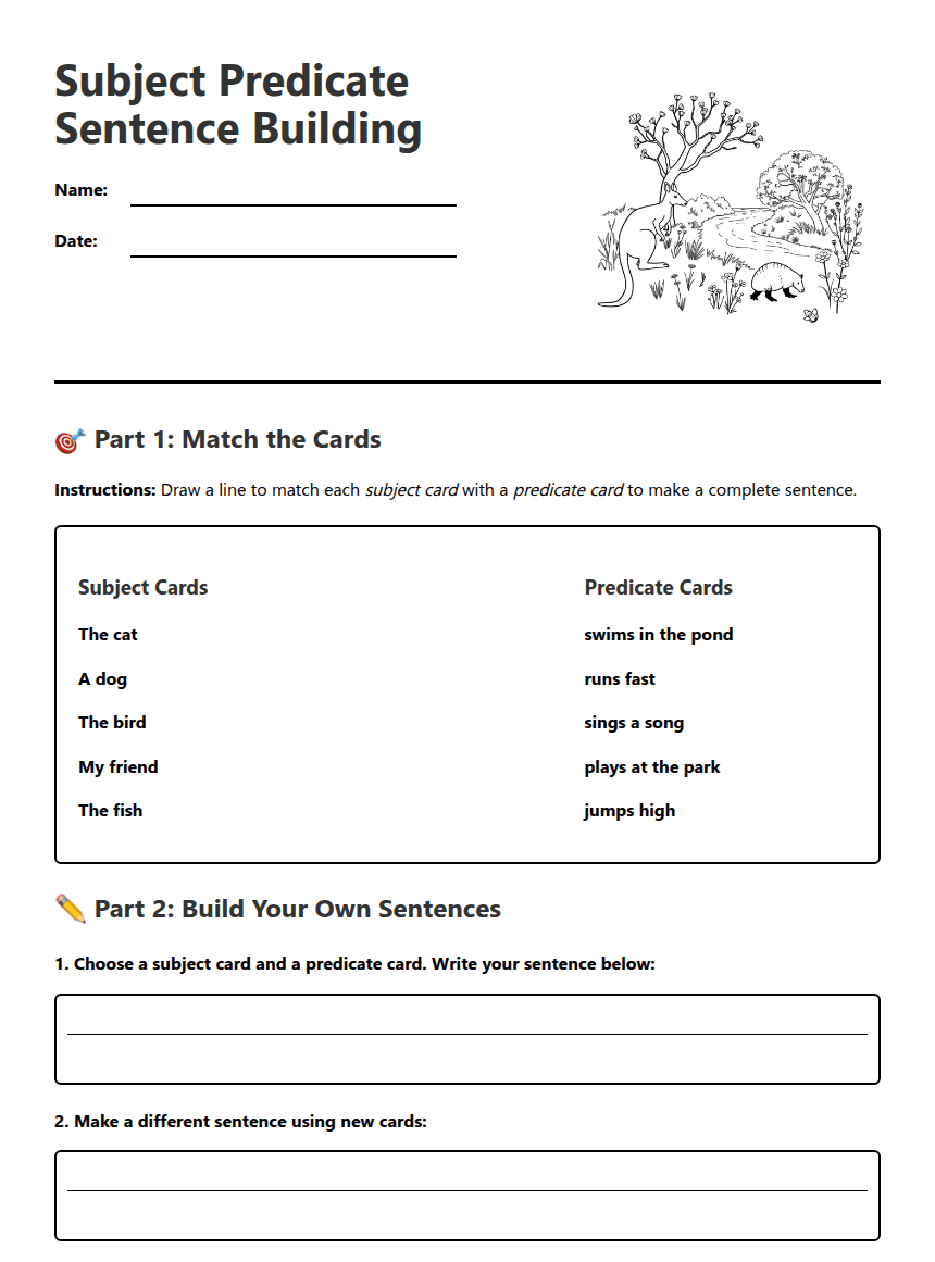Subject Predicate Sentence Building worksheet preview
