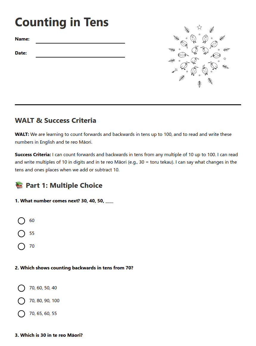 Counting in Tens worksheet preview