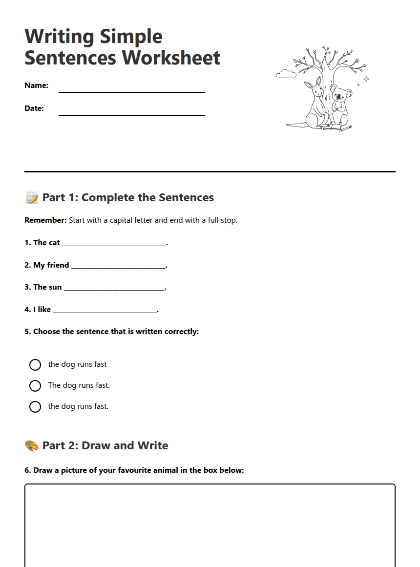 Writing Simple Sentences Worksheet worksheet preview