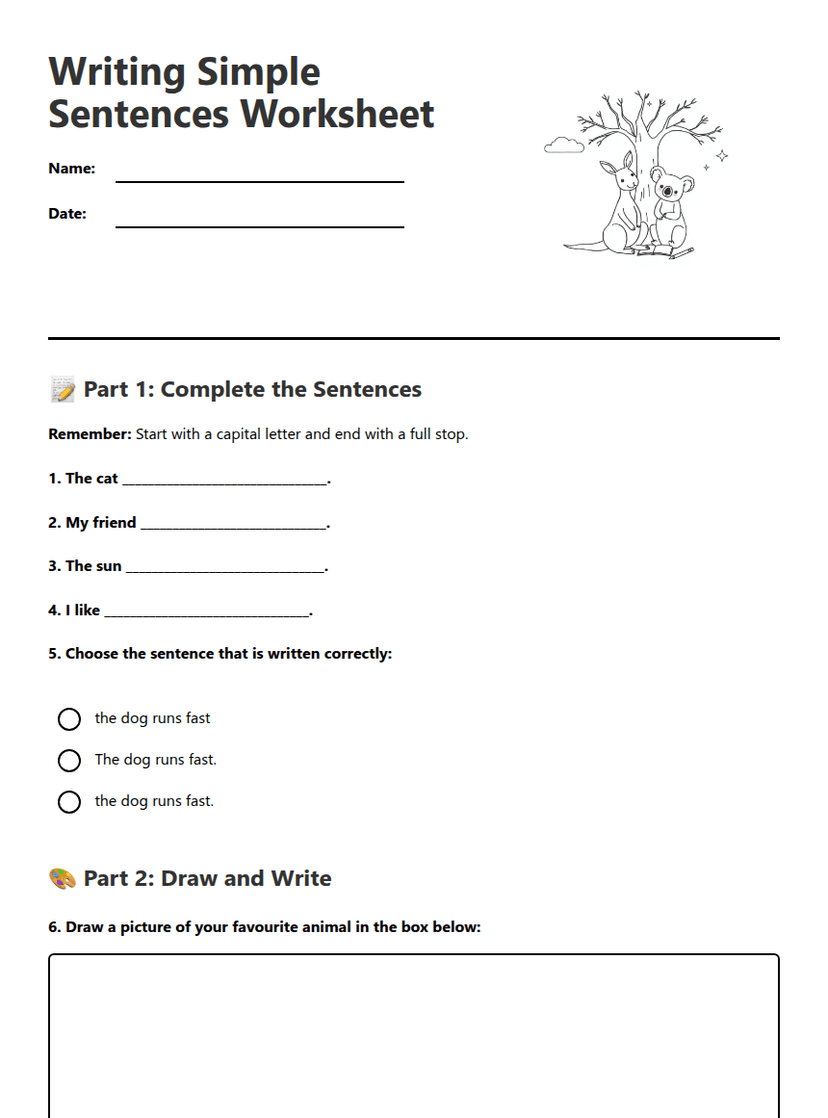 Writing Simple Sentences Worksheet