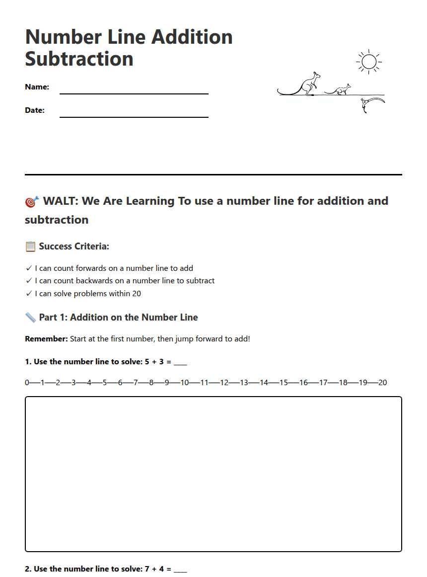 Number Line Addition Subtraction worksheet preview