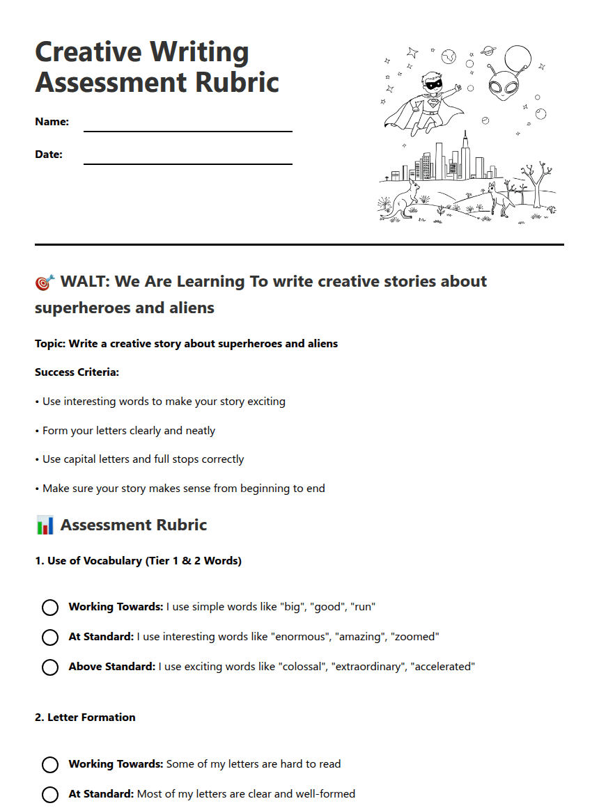 Creative Writing Assessment Rubric worksheet preview