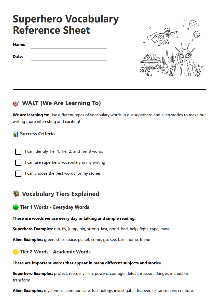 Superhero Vocabulary Reference Sheet worksheet preview