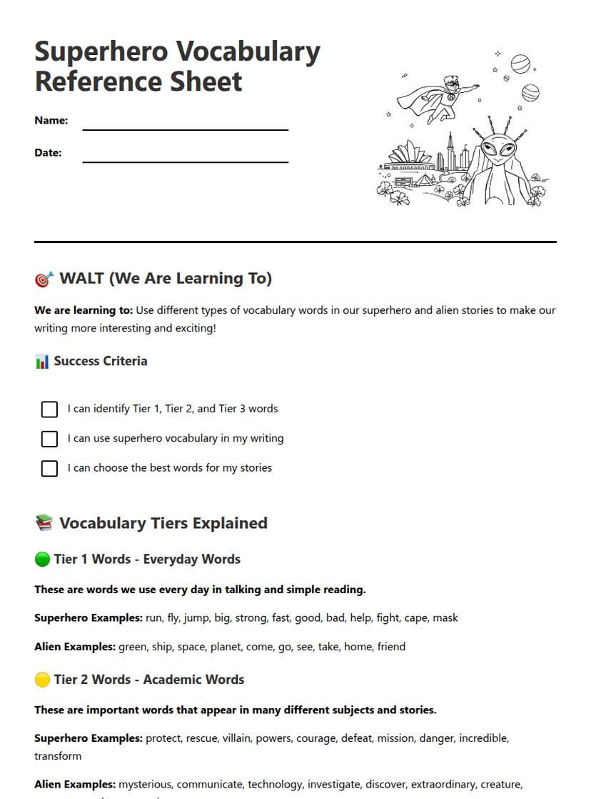 Superhero Vocabulary Reference Sheet
