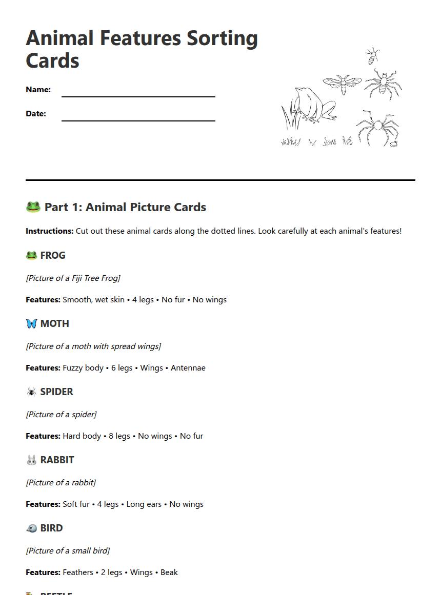 Animal Features Sorting Cards worksheet preview