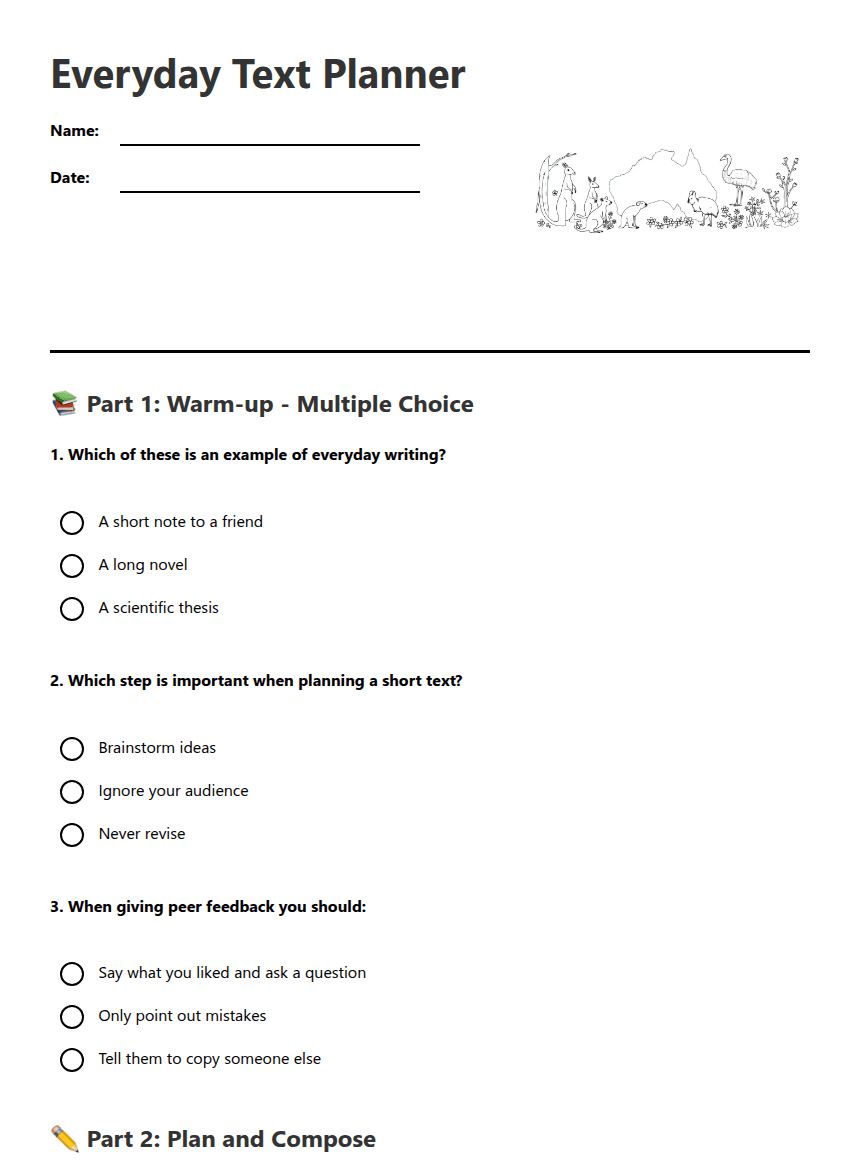 Everyday Text Planner worksheet preview