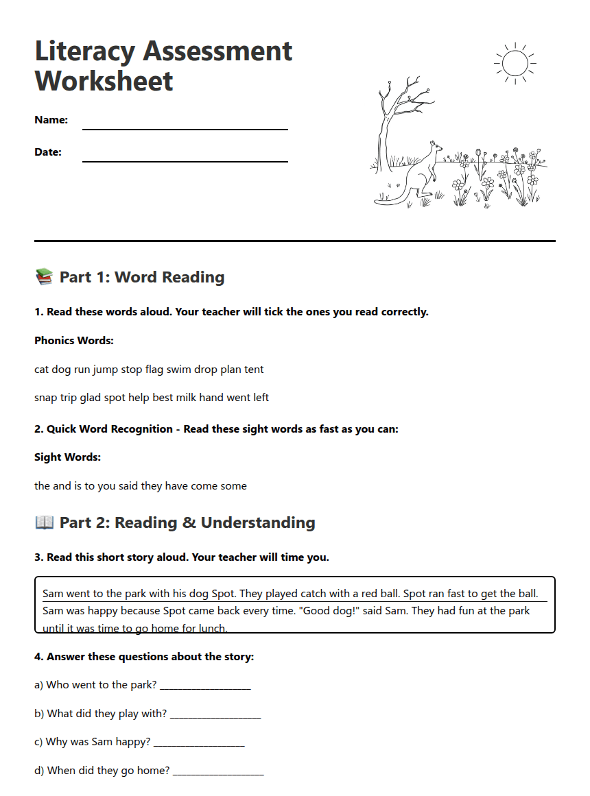 Literacy Assessment Worksheet worksheet preview