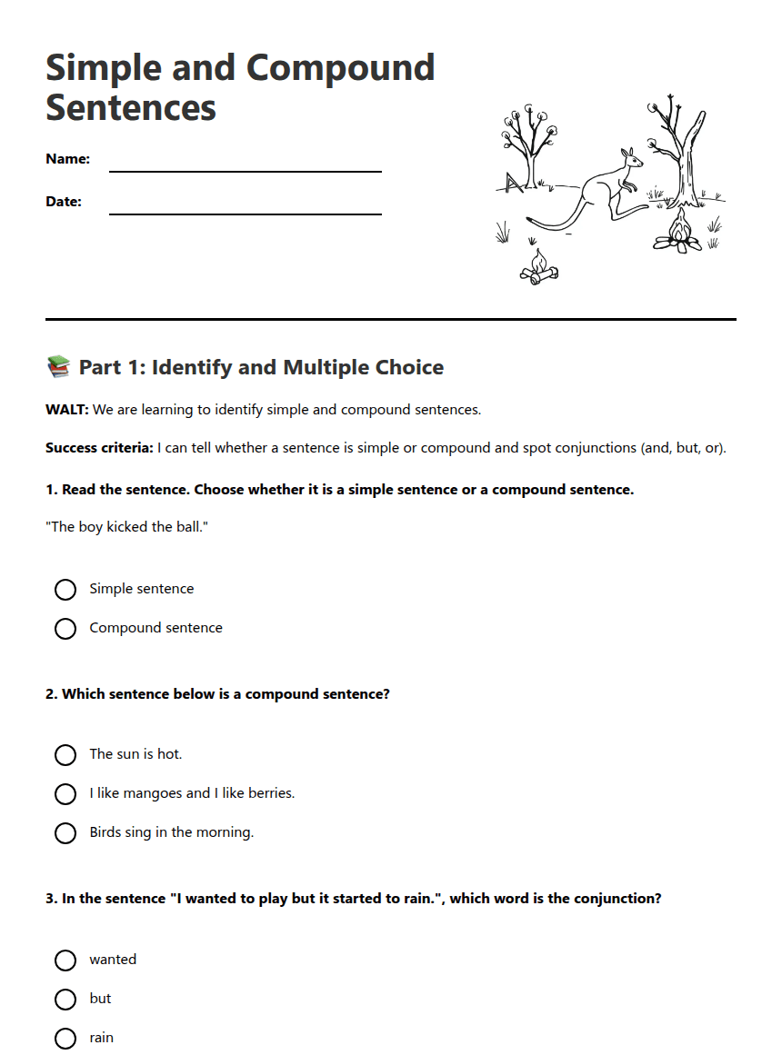 Simple and Compound Sentences worksheet preview