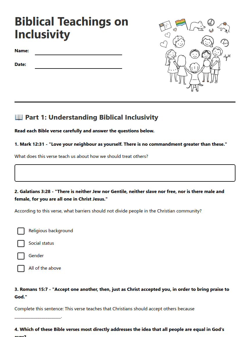 Biblical Teachings on Inclusivity worksheet preview