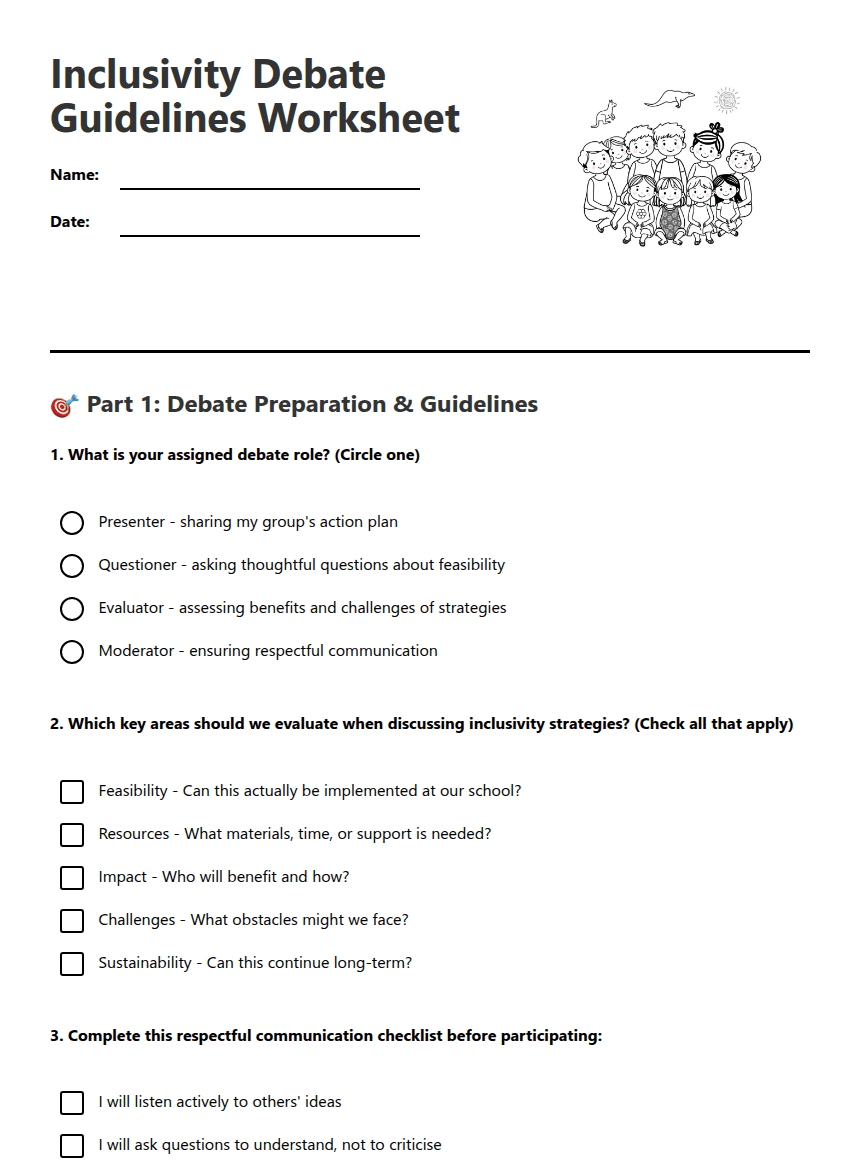 Inclusivity Debate Guidelines Worksheet worksheet preview