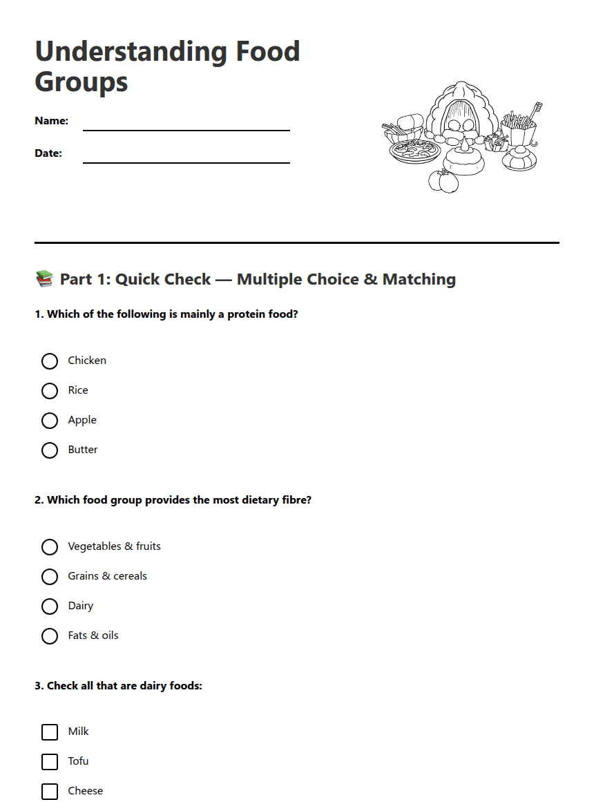Understanding Food Groups worksheet preview